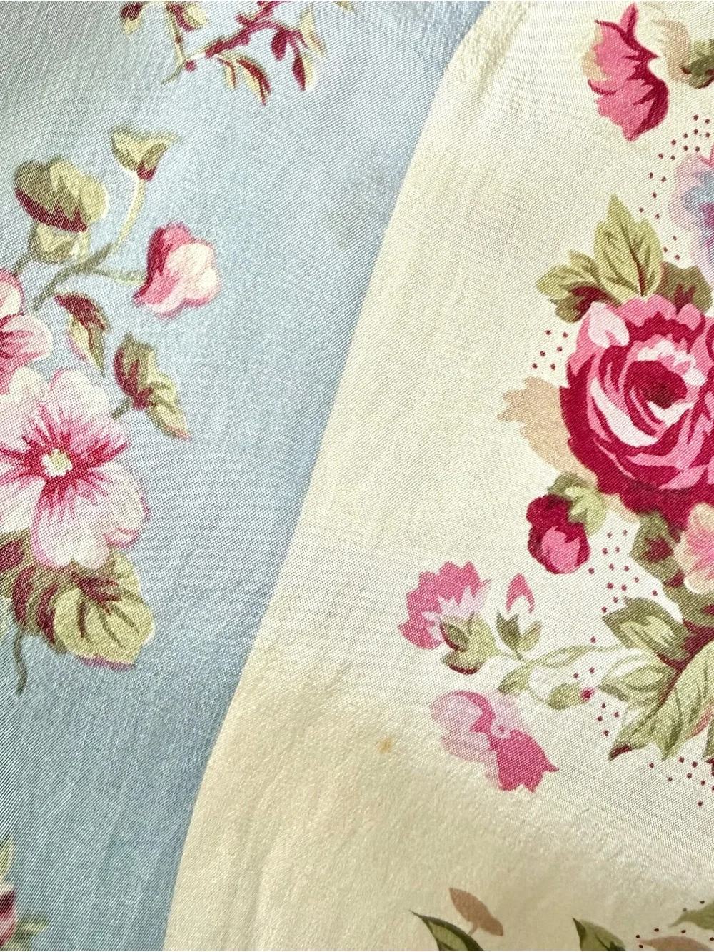 Y2K Echo Silk Floral Scarf Blue Cream Rose Print Oblong Coquette Cottagecore